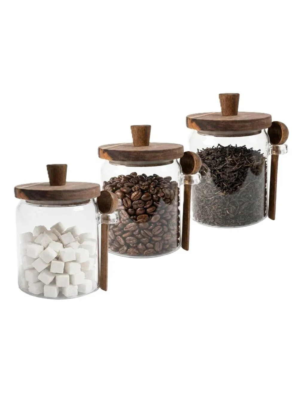 9pc Piscepio Glass Canister Set w/Airtight Bamboo Lids & Wood Spoons EUC